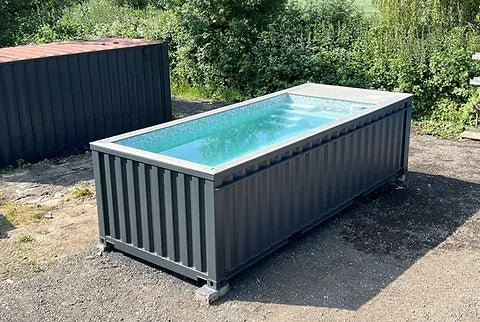 Piscina contentor de 20 pés, cinzento antracite, com função de natação contra correntes.